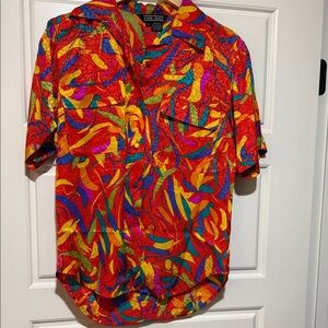 Colorful Abstract Women's Blouse red orange yellow silk top vintage